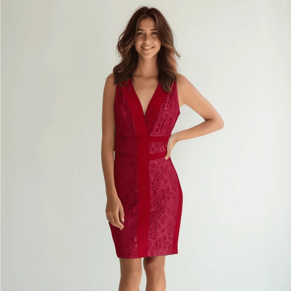 Small Jax Ruby Red Wine Midi Lace Satin Dress